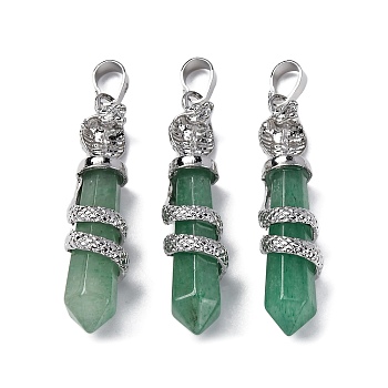 Natural Green Aventurine Pendants, Brass Charms, Lead Free & Cadmium Free, 46~47x11~12x11mm, Hole: 8x5mm