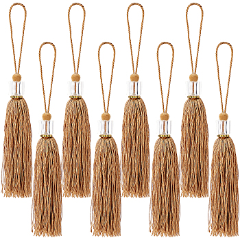 8Pcs Polyester Tassel Pendant Decorations, with Transparent Cube Beads, Tan, 248x18mm