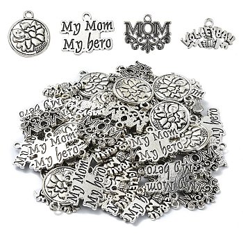 40Pcs 4 Styles Mother's Day Theme, Tibetan Style Alloy Pendants, Antique Silver, 13~24x20~25x2~3mm, Hole: 2~2.5mm, 10pcs/style