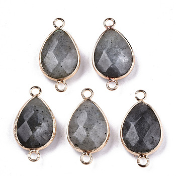 Natural Labradorite Links Connectors, with Light Gold Tone Brass Findings, Faceted Teardrop, 27x14x6mm, Hole: 2mm
