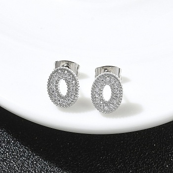 304 Stainless Steel Micro Pave Clear Cubic Zirconia Stud Earrings, Stainless Steel Color, Oval, 9.5x7.5mm