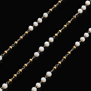 Rondelle Glass Beaded Link Chains, with Golden 304 Stainless Steel Paperclip Chains, Soldered, with Spool, WhiteSmoke, 3x2.5mm, 2mm, about 32.81 Feet(10m)/Roll
