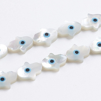 Natural White Shell Mother of Pearl Shell Beads, Pearlized, Hamsa Hand/Hand of Fatima/Hand of Miriam with Evil Eye, 10x8x2mm, Hole: 0.5mm