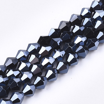 Electroplate Glass Beads Strands, Pearl Luster Plated, Faceted, Bicone, Black, 6x5.5~6mm, Hole: 1mm, about 44~47pcs/strand, 11.02 inch