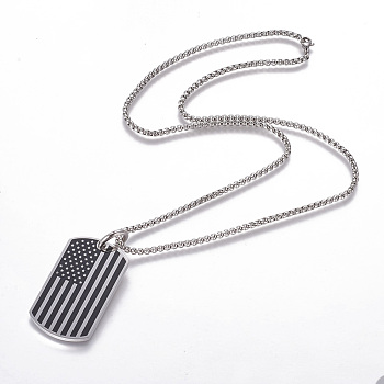 304 Stainless Steel Pendant Necklaces, with Enamel, Rectangle with America Flag, Stainless Steel Color, 23.8 inch(60.5cm), Pendant: 59x29x3mm