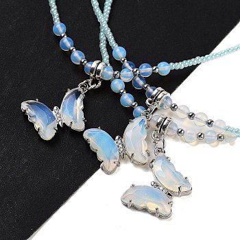 Opalite Faceted Butterfly  Pendant Necklaces, Glass Seed Beaded Necklaces for Women, 18.82 inch(47.8cm)