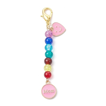 Mother's Day Flat Round with Word Mom & Heart Alloy Enamel Pendant Decorations, Glass Beads and Lobster Claw Clasps Charm, Pink, 76mm