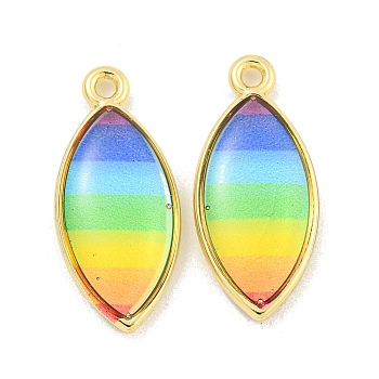 Rainbow Color Opaque Resin Pendants, Real 18K Gold Plated Brass Charms, Cadmium Free & Lead Free, Horse Eye, 22x10x3.5mm, Hole: 1.5mm