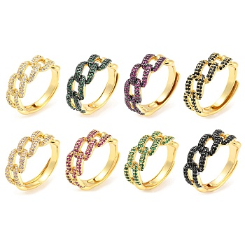 Cubic Zirconia Adjustable Ring, Real 18K Gold Plated Brass Ring, Lead Free & Cadmium Free, Mixed Color, Inner Diameter: 17mm