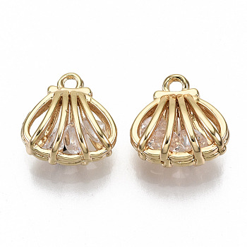 Brass Charms, with Cubic Zirconia, Nickel Free, Real 18K Gold Plated, Shell Shape, Clear, 11x10x5mm, Hole: 1.2mm