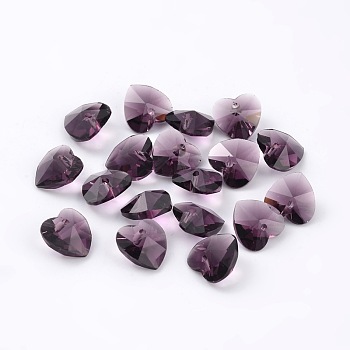 Romantic Valentines Ideas Glass Charms, Faceted Heart Charm, Purple, 14x14x8mm, Hole: 1mm