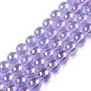 Electroplate Transparent Glass Beads Strands, AB Color Plated, Round, Lilac, 9.5~10mm, Hole: 1.5mm, about 40~42pcs/strand, 14.76~15.12 inch(37.5~38.4cm)