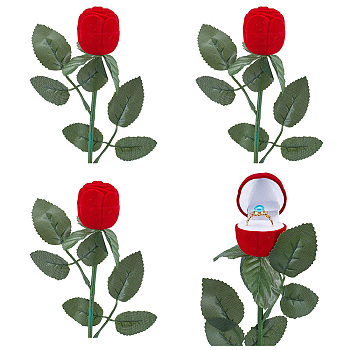 Flocking Plastic Rose Finger Ring Boxes, for Valentine's Day Gift Wrapping, with Sponge Inside, Red, 25x12x5cm, Flower: 4.4x3.9cm, Inner Diameter: 3.3cm