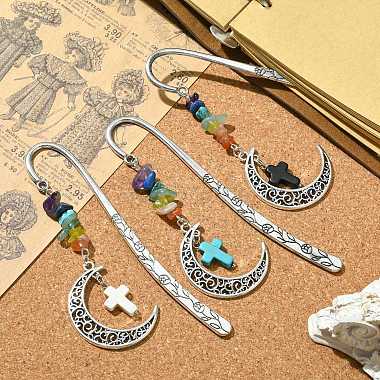 3pcs 3 marque-page pendentif en alliage de style croissant de lune avec puce de pierre précieuse chakra et croix(AJEW-TA00010)-2