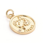 Brass Micro Pave Cubic Zirconia Pendants, with Jump Ring, Flat Round with Twelve Constellations, Clear, Golden, Pisces, 18x14.5x1.5mm, Hole: 3mm(ZIRC-E164-34D-G)