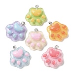 Cartoon Translucent Resin Pendants, Paw Print Charms with Platinum Plated Iron Loops, Mixed Color, 23~24x21x6~6.5mm, Hole: 2mm(X-RESI-D071-01)