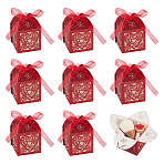 10Pcs Laser Cut Paper Hollow Out Heart & Flowers Candy Boxes, Glitter Rectangle Case with Ribbon, for Wedding Baby Shower Party Favor Gift Packaging, Red, 5x5x8cm(CON-TA0001-10D)