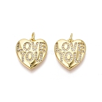 Brass Micro Pave Cubic Zirconia Pendants, Heart & Word LOVE YOU Charms, Clear, Real 16K Gold Plated, 18x16.5x4mm, Hole: 3mm(KK-N287-36G)
