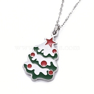 304 Stainless Steel Pendant Necklaces, for Christmas, with Enamel and Lobster Claw Clasps, Christmas Tree, Colorful, Stainless Steel Color, 19-3/4 inch(50cm)(NJEW-Z008-04P)