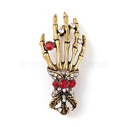 Halloween Theme Rhinestone Skeleton Hand Brooch Pin, Alloy Badge for Backpack Clothing, Antique Golden, 48.5x21.5x11mm, Pin: 0.7mm(JEWB-F018-01AG)