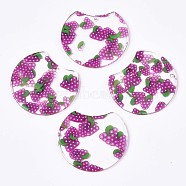 Autumn Theme Transparent Clear Cellulose Acetate(Resin) Pendants, Printed, Gap Flat Round with Grape, Grape Pattern, 33x36x2.5mm, Hole: 1.4mm(KY-T040-55C)