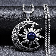 Gothic Moon Sun 304 Stainless Steel Pave Synthetic Blue Goldstone Pendant Necklaces for Women, Stainless Steel Color, 19.69 inch(50cm)(FS-WG56BEB-02)