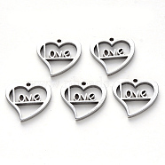 Non-Tarnish 304 Stainless Steel Charms, Laser Cut, Heart with Word Love, for Valentine's Day, Stainless Steel Color, 15x15x1mm, Hole: 1.4mm(STAS-N092-84)