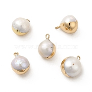 Natural Pearl Pendants, Teardrop Charm, with Brass Loops, Light Gold, 16~19x11~14x11~14mm, Hole: 1.8mm(PEAR-P004-67KCG)
