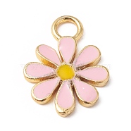 Eco-Friendly Rack Plating Brass Enamel Pendants, Long-Lasting Plated, Lead Free & Cadmium Free, Real 18K Gold Plated, Flower, Pink, 15.5x12x1.5mm, Hole: 2.5mm(KK-F835-15A-G)