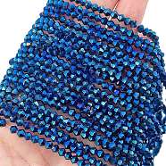 Transparent Electroplate Glass Beads Strands, Full Plated, Faceted, Bicone, Blue Plated, 3.5x3mm, Hole: 0.8mm, about 113~115pcs/strand, 14.17~14.37 inch(36~36.5cm)(EGLA-A039-T3mm-UA03)