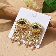 Alloy Rhinestone & Plastic Imitation Pearl Tassel Stud Earrings, Evil Eye, Golden, 58.5x31mm(EJEW-A122-01G)