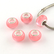 Imitation Cat Eye Resin European Beads, Large Hole Rondelle Beads, with Silver Color Plated Brass Cores, Pearl Pink, 13~14x9mm, Hole: 4.5~5mm(RPDL-S002-09)