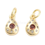 Brass Micro Pave Cubic Zirconia Charms, with Jump Ring, Teardrop, Real 18K Gold Plated, Chocolate, 10.5x6x2.5mm, Hole: 3mm(KK-C051-02G-03)