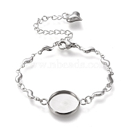 304 Stainless Steel Bracelet Making, with Lobster Claw Clasps, Link Chains and Flat Round Cabochon Settings, Stainless Steel Color, Tray: 14mm, 5-5/8 inch(14.4cm)(STAS-L248-005P-A)