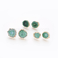 Natural Dyed Quartz Stud Earrings, with Brass Findings, Flat Round, Golden, Sea Green, 14~22x14~22x5~6mm, Pin: 0.7mm(EJEW-P166-B07)