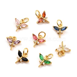 Brass Micro Pave Cubic Zirconia Charms, Real 18K Gold Plated, Cadmium Free & Lead Free, Autumn Pendants, Dragonfly, Mixed Color, 10x10.5x3mm, Hole: 3.8mm(KK-A156-07G-RS)