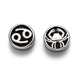 304 Stainless Steel Beads, Flat Round with Twelve Constellations, Antique Silver, Cancer, 10x4mm, Hole: 1.8mm(STAS-H156-01L)