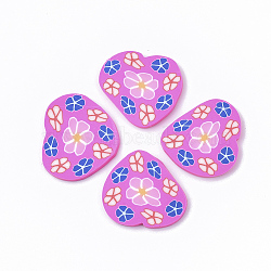Handmade Polymer Clay Cabochons, Heart with Flower, Orchid, 17~22x20~23x2mm(CLAY-S092-53D)