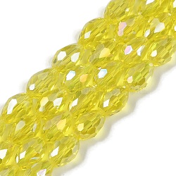 Transparent Electroplate Glass Beads Strands, AB Color Plated, Faceted, Teardrop, Yellow, 8x6mm, Hole: 1.2mm, about 65~67pcs/strand, 20.08''(51cm)(EGLA-N013-T6mm-B26)