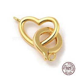 Rack Plating 925 Sterling Silver Fold Over Clasps, Heart, with 925 Stamp, Real 18K Gold Plated, Heart: 9.5x12x1.5mm, Hole: 1.4mm, clasp: 10.5x8.5x2mm, Hole: 1.2mm(STER-G038-09G)