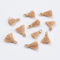 Nylon Tassels Pendant Decorations, Mini Tassel, with Golden Tone Iron Findings, Khaki, 10.5~14.5x2.5~3mm, Hole: 2mm(STAS-F142-05G)