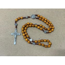 Wood Rosary Bead Necklaces, Religion Alloy Pendant Necklaces, Antique Silver, Camel, Jesus Cross, 27.56 inch(70cm)(FS-WG6BD27-02)