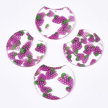 Autumn Theme Transparent Clear Cellulose Acetate(Resin) Pendants, Printed, Gap Flat Round with Grape, Grape Pattern, 33x36x2.5mm, Hole: 1.4mm