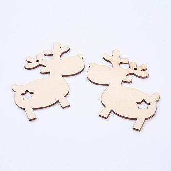 Undyed Wood Big Pendants, Christmas Reindeer/Stag, Blanched Almond, 80x74.5x2.5mm, Hole: 3mm