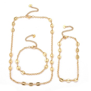 Brass Rolo Chains & Coffee Bean Chain Necklaces, with 304 Stainless Steel Lobster Claw Clasps, Golden, Necklaces: 15.94 inch(40.5cm),  Anklets: 9-1/8 inch(23cm), Bracelets: 7-1/4 inch(18.5cm)
