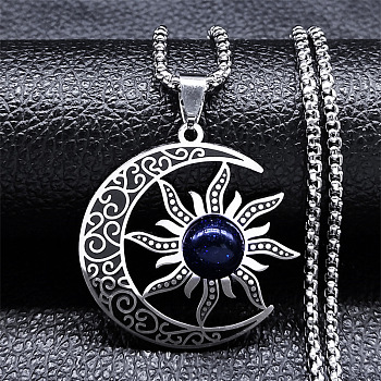 Gothic Moon Sun 304 Stainless Steel Pave Synthetic Blue Goldstone Pendant Necklaces for Women, Stainless Steel Color, 19.69 inch(50cm)