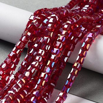Electroplate Glass Beads Strands, AB Color Plated, Faceted, Cube, Dark Red, 4x4x4mm, Hole: 1mm, about 100pcs/strand, 17 inch
