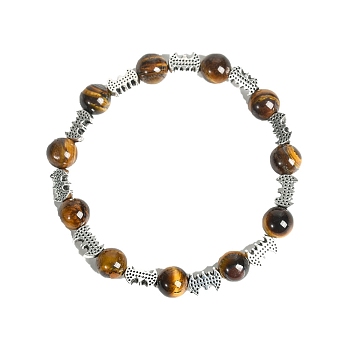 Christmas Theme Natural Tiger Eye Stretch Bracelets, Halloween Alloy Bat Bracelets for Women Men, 6-3/4 inch(17cm), 8mm