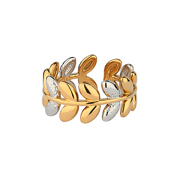 Golden Stainless Steel Open Cuff Rings, Leaf, Wide: 8.5mm