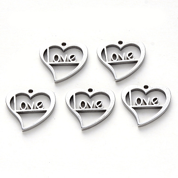 Non-Tarnish 304 Stainless Steel Charms, Laser Cut, Heart with Word Love, for Valentine's Day, Stainless Steel Color, 15x15x1mm, Hole: 1.4mm